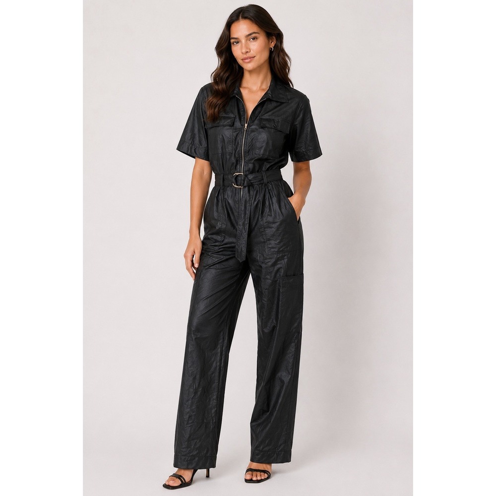 Love Highlight Black Faux Leather Jumpsuit Belted Zip Utility M